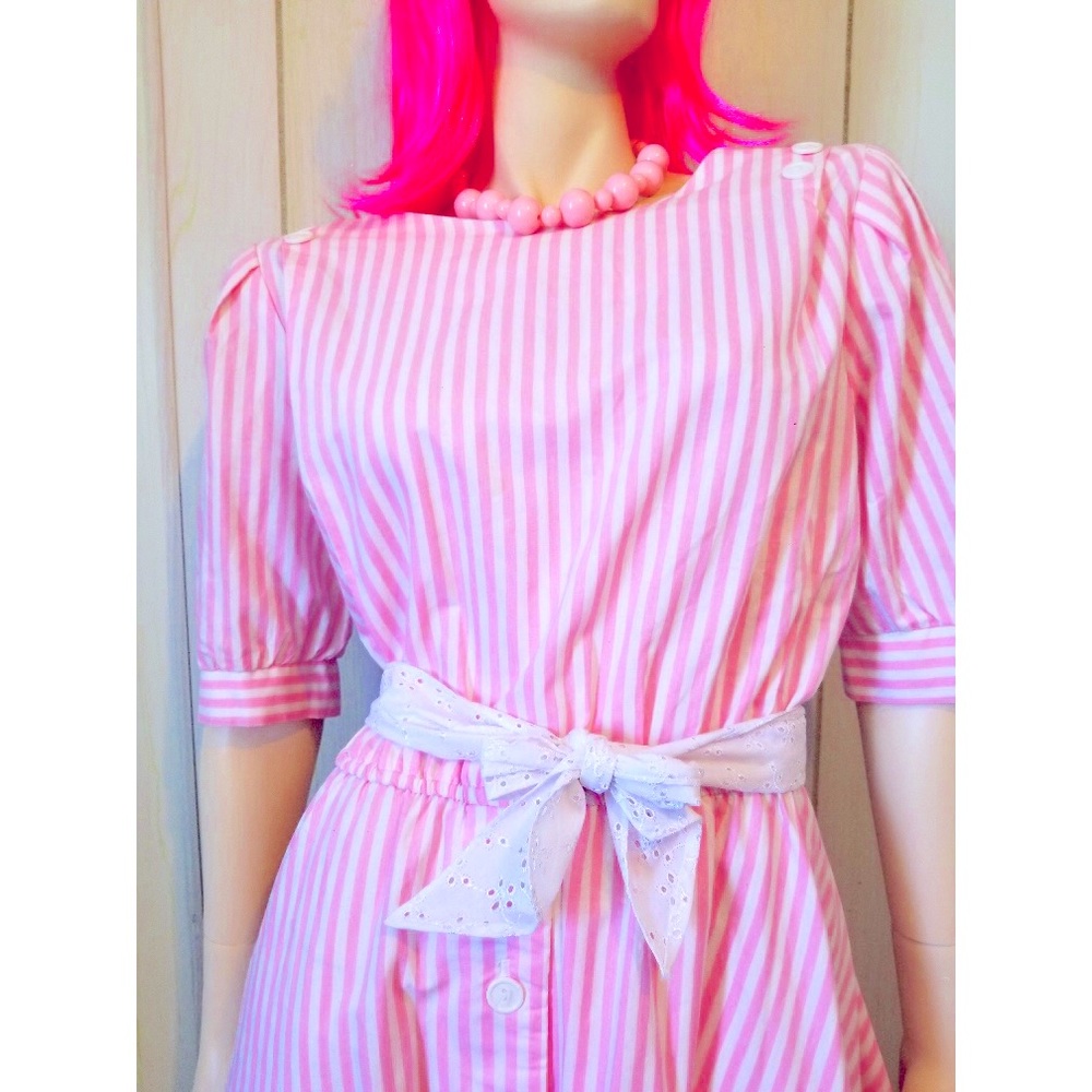 Vintage 80s Candy Pink & White Stripes Fit & Flare Cotton MIDI Dress